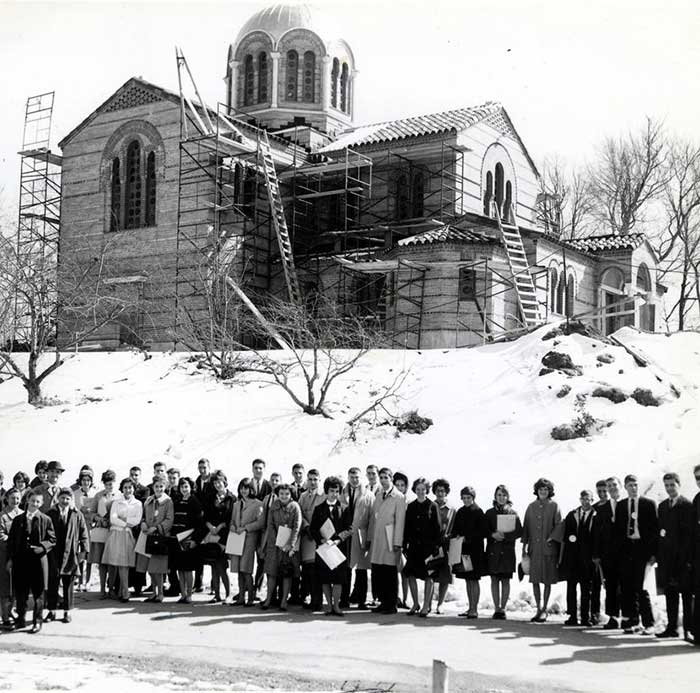 GOYA (Greek Orthodox Youth Association) members visit a nearly completed Holy Cross Chapel in 1963