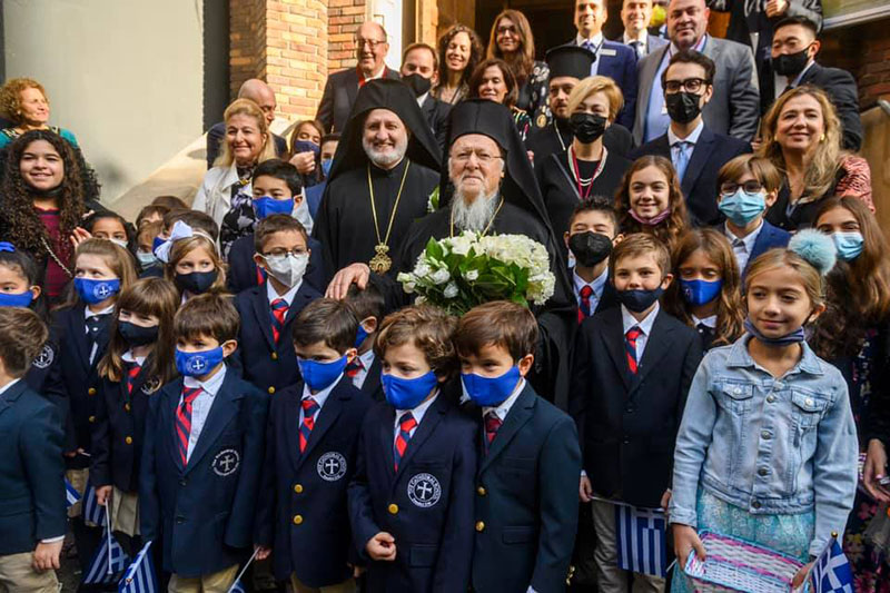 His All-Holiness Ecumenical Patriarch Bartholomew with students of the Cathedral School during the Apostolic Visit to the United States in October 2021